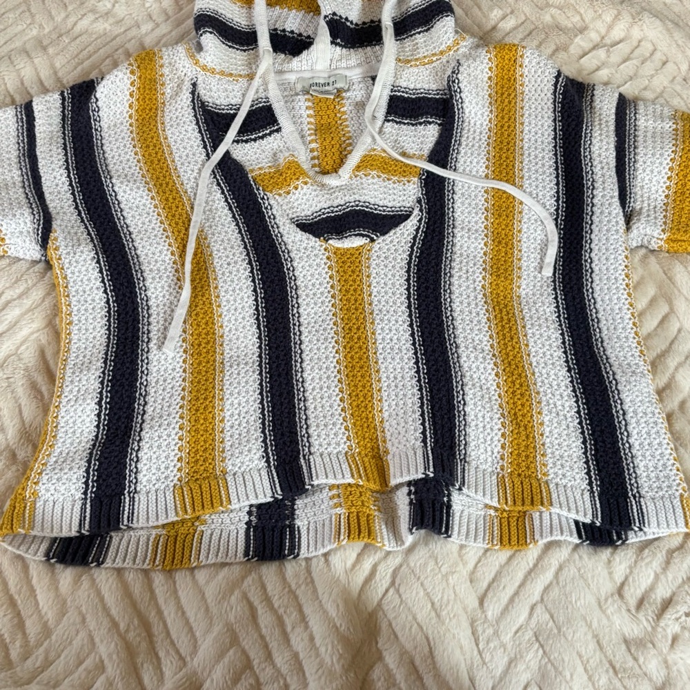 Forever 21 Cropped Baja Hoodie Yellow White Blue Stripes 100% Cotton Sz S Y2K - Picture 6 of 7